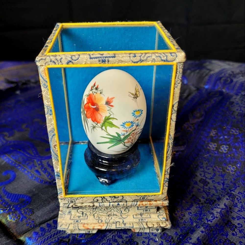 Chinese Hand Painted Egg in Silk and Glass Display Case